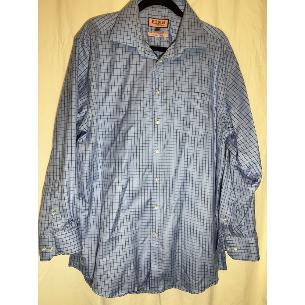 Thomas Pink Long Sleeve Dress Shirt Blue White Check‎ Mens Size 17.5 34.5 JJ5